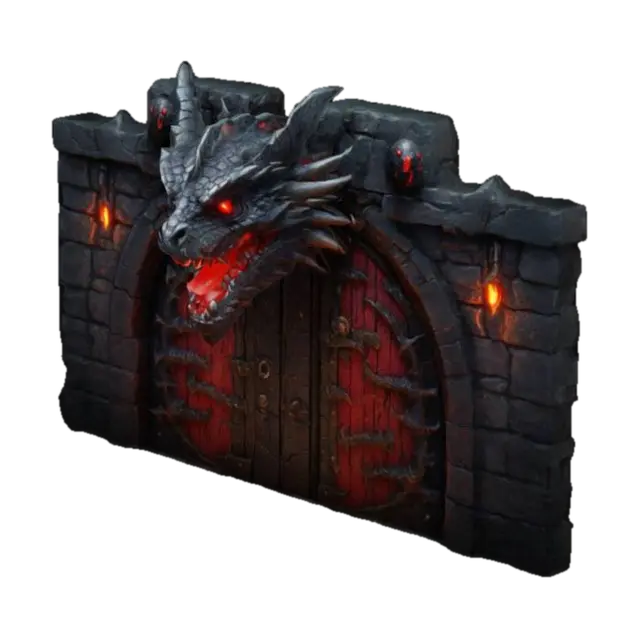 donjon doors, dark age, glowing, high quality, head of dragon on the top, red… - Highquality 3D model, vytvořený pomocí AI