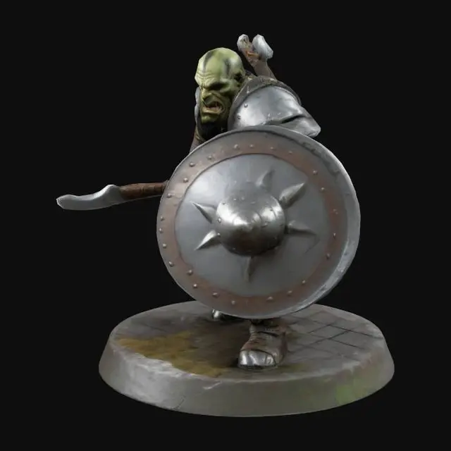 3D model for Half-orc warrior miniature, with plate armour, shield and axe. a round base for the miniature like those one on D&D miniatures. This half-orc must be almost human-like. Muscular.