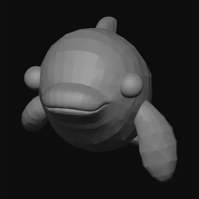 3D model for Create a cute chunky vinyl-toy dolphin based on the reference image. Smooth pastel light-blue body, big rounded head, small soft snout, one large glossy black eye with white highlight. Side-view orthographic pose, body lying flat on the ground, belly touching the build plate from nose to tail. Move the top dorsal fin further backward toward the rear half of the body, closer to the tail. Make all fins thick, rounded, soft, and 3D-printable. Tail low, wide, rounded, not raised. Simple smooth plastic toy surface, max 2 colors: light blue body and black eyes. No thin parts, no floating parts, no sharp edges, no teeth, no open mouth, no complex texture, no realistic water scene.