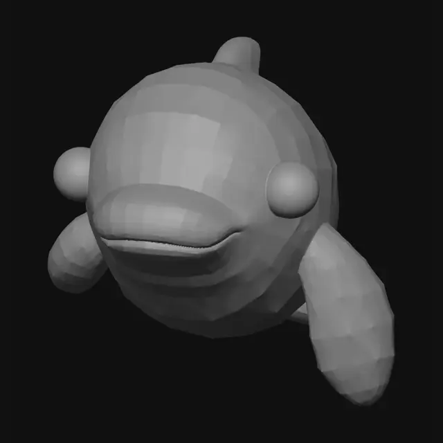 3D model for Create a cute chunky vinyl-toy dolphin based on the reference image. Smooth pastel light-blue body, big rounded head, small soft snout, one large glossy black eye with white highlight. Side-view orthographic pose, body lying flat on the ground, belly touching the build plate from nose to tail. Move the top dorsal fin further backward toward the rear half of the body, closer to the tail. Make all fins thick, rounded, soft, and 3D-printable. Tail low, wide, rounded, not raised. Simple smooth plastic toy surface, max 2 colors: light blue body and black eyes. No thin parts, no floating parts, no sharp edges, no teeth, no open mouth, no complex texture, no realistic water scene.