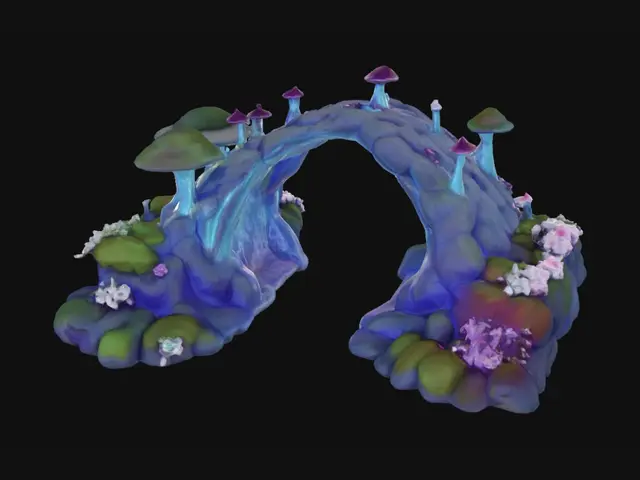 3D model for Low poly fantasy bridge, organic alien design, curved arch shape, glowing blue/purple veins along surface, moss-covered stones, bioluminescent mushrooms growing on sides, wide enough for one person, game object