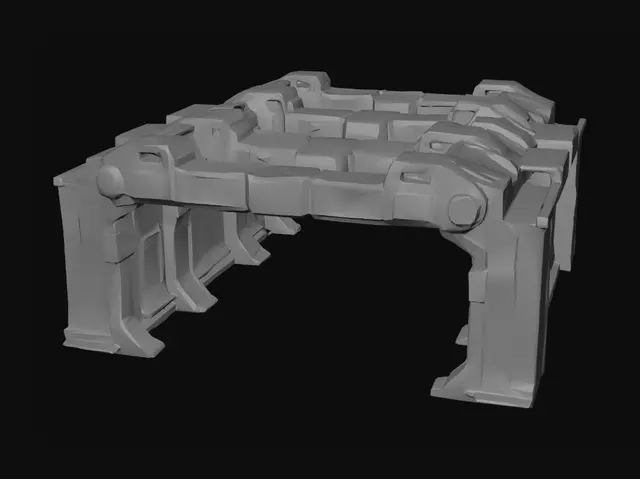 3D model for A modular sci-fi connector bridge between station parts. Narrow corridor-like structure with straight form, enclosed or semi-open, with visible paneling and support frames.
Flat connection points on both ends for snapping.
Slim proportions, not bulky.
Industrial hard-surface design, neutral PBR materials, no emissive.
Game-ready, medium poly.