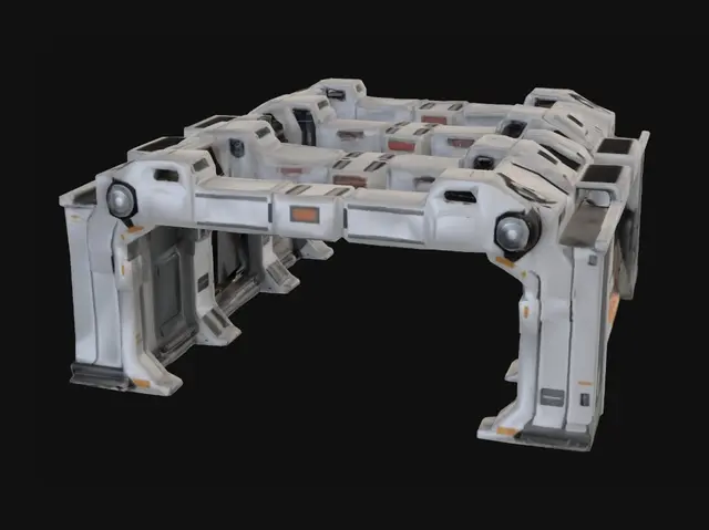 3D model for A modular sci-fi connector bridge between station parts. Narrow corridor-like structure with straight form, enclosed or semi-open, with visible paneling and support frames.
Flat connection points on both ends for snapping.
Slim proportions, not bulky.
Industrial hard-surface design, neutral PBR materials, no emissive.
Game-ready, medium poly.
