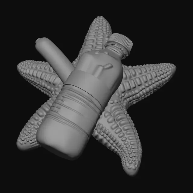 3D model for single solid object, 3d printable, continuous mesh, no floating parts of a starfish, but its made of choklate, with a water bottle attached to it, which contains a hod dog-sausage