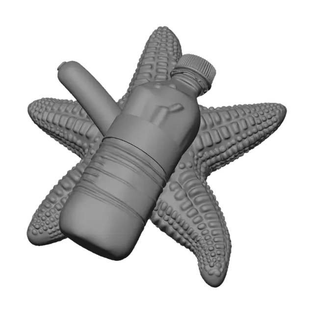 3D model for single solid object, 3d printable, continuous mesh, no floating parts of a starfish, but its made of choklate, with a water bottle attached to it, which contains a hod dog-sausage