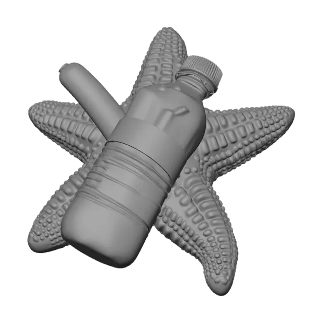 3D model for single solid object, 3d printable, continuous mesh, no floating parts of a starfish, but its made of choklate, with a water bottle attached to it, which contains a hod dog-sausage