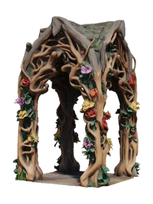 3D model for highly detailed, realistic, game asset forest archway made of wood with flowers coiled around it #arch#