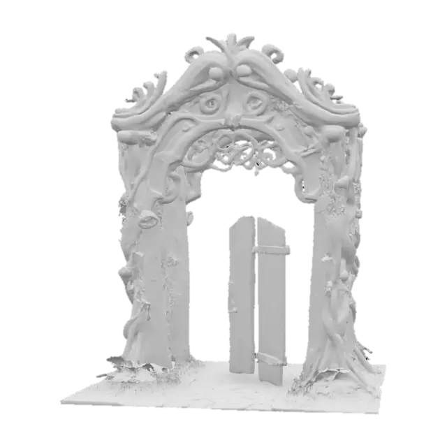 3D model for highly detailed, realistic, game asset forest archway made of wood with flowers coiled around it #arch#