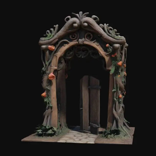 3D model for highly detailed, realistic, game asset forest archway made of wood with flowers coiled around it #arch#