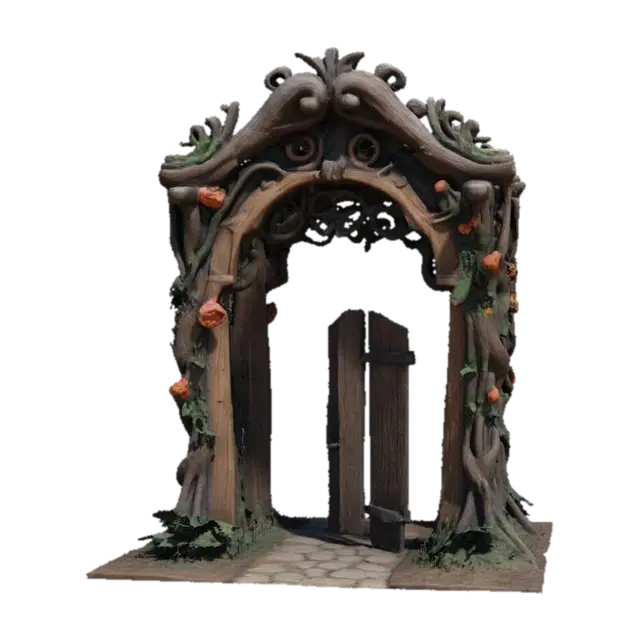 3D model for highly detailed, realistic, game asset forest archway made of wood with flowers coiled around it #arch#