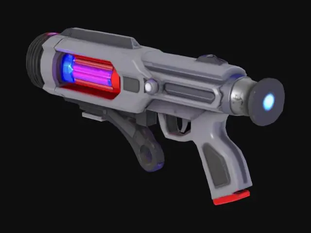 3D model for three-phase kinetic blaster, sci-fi weapon, compact yet powerful, segmented design with three distinct energy coils glowing in different phases—blue, red, and violet, smooth metallic surfaces with clear bevels, balanced asymmetry, energy capacitors embedded into the chassis, visible kinetic dampeners and magnetic rails, worn details on metal, seamless PBR textures, high-poly topology, no gaps or flipped faces, realistic materials: polished steel, carbon fiber, glowing glass, original silhouette, no clichés, cinematic lighting, trendy concept art style, optimized for games or animation, visually striking with a sense of futuristic functionality