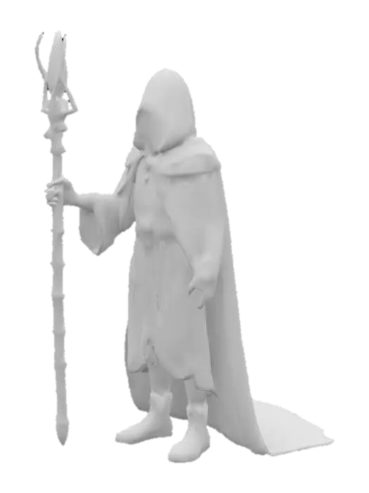 3D model for В темных глубинах древнего леса, окутанного туманом и забвением, обитает таинственный маг — хранитель забытых знаний и запретных заклинаний. Его лицо скрыто под капюшоном, а глаза светятся внутренним светом, прозревающим суть мира. Он владеет магией теней, времени и снов, шепчет слова на мертвых языках, способные разорвать ткань реальности. Его посох соткан из обугленного дерева и украшен кристаллом, питающимся лунным светом. Каждый его шаг — загадка, каждое появление — предвестие перемен. Он — тот, о ком не говорят вслух, имя его стерто из летописей, но шепотом зовут его Хранителем Тайны.

