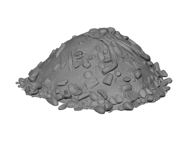 3D model for A small mound of soil with exposed roots, irregular bumpy uneven surface, dark rich brown earth texture, visible small rocks and dirt clumps scattered on surface, cracked dry texture on top, rough organic shape not perfectly round, stylized semi-realistic style, isolated object, no background