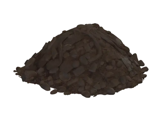 3D model for A small mound of soil with exposed roots, irregular bumpy uneven surface, dark rich brown earth texture, visible small rocks and dirt clumps scattered on surface, cracked dry texture on top, rough organic shape not perfectly round, stylized semi-realistic style, isolated object, no background