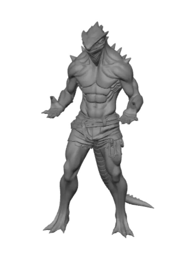 3D model for A humanoid lizardman warrior character wearing rugged tribal adventurer gear, a bipedal reptilian humanoid with a strong human-like body, inspired by Godzilla. Green scaly reptile skin, a fierce lizard-dragon head with glowing eyes, a row of glowing cyan-blue jagged dorsal spines down the back and tail, a long thick tail, clawed hands and clawed feet. He wears a brown leather chest harness with a rounded metal shoulder pauldron, a wide belt with a simple cloth kilt / loincloth, leather wrist wraps and shin guards, and a small satchel strap. Deep green and teal scales with glowing blue spines, warm brown leather, and soft bronze metal accents. Low-poly rounded stylized game character, cool and heroic yet cute and cozy, all-ages, not gory or frightening, smooth soft edges. Full body, standin