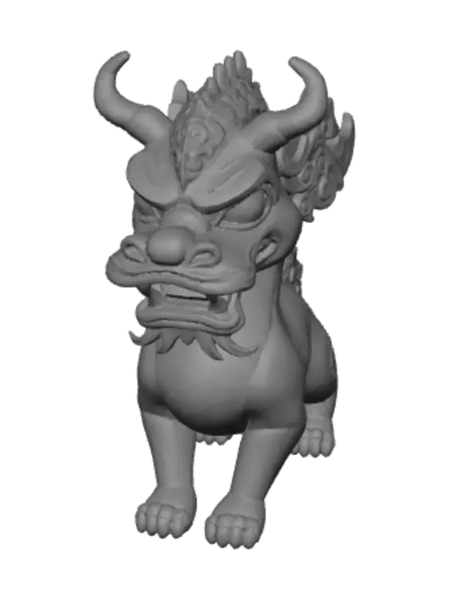 3D model for A mythical Taotie beast from ancient Chinese mythology, the legendary gluttony greed-monster, a massive ornate symmetrical head over a small crouched body. A broad ancient-bronze-ritual-vessel face with large glowing golden eyes, thick curved bronze horns sweeping up and outward, a wide fanged maw with white fangs and a warm glowing orange mouth, decorated with carved cloud-and-thunder scroll patterns. Jade-green body and face with antique bronze horns and gold trim and a soft inner glow. Low-poly rounded stylized game character, ornate and mythical yet cute and cozy, all-ages, not gory or frightening. Full body, crouched low and facing forward, symmetrical. Clean PBR textures, bright soft even studio lighting, no harsh shadows, plain neutral background, no base or ground, single connected