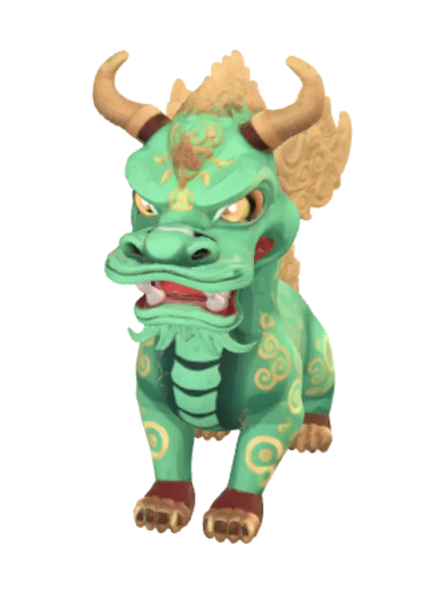 3D model for A mythical Taotie beast from ancient Chinese mythology, the legendary gluttony greed-monster, a massive ornate symmetrical head over a small crouched body. A broad ancient-bronze-ritual-vessel face with large glowing golden eyes, thick curved bronze horns sweeping up and outward, a wide fanged maw with white fangs and a warm glowing orange mouth, decorated with carved cloud-and-thunder scroll patterns. Jade-green body and face with antique bronze horns and gold trim and a soft inner glow. Low-poly rounded stylized game character, ornate and mythical yet cute and cozy, all-ages, not gory or frightening. Full body, crouched low and facing forward, symmetrical. Clean PBR textures, bright soft even studio lighting, no harsh shadows, plain neutral background, no base or ground, single connected