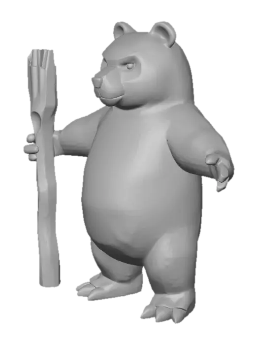 3D model for Low-poly anthropomorphic bear guardian, large strong build, carved wooden staff with glowing crystal, druidic robes, natural earth tones, gentle but powerful expression, simplified geometry, chunky shapes, minimal textures, mystical medieval fantasy aesthetic, Armello-like hero character, clean topology, low-poly.