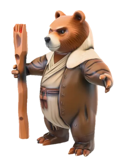 3D model for Low-poly anthropomorphic bear guardian, large strong build, carved wooden staff with glowing crystal, druidic robes, natural earth tones, gentle but powerful expression, simplified geometry, chunky shapes, minimal textures, mystical medieval fantasy aesthetic, Armello-like hero character, clean topology, low-poly.