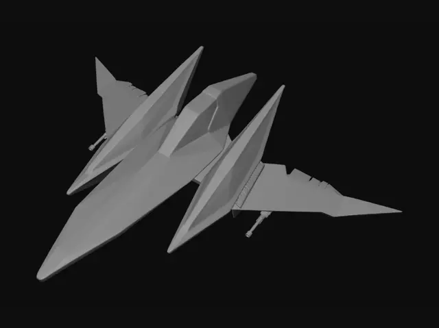 3D model for A sleek, avian-inspired starfighter with swept-back wings that adjust dynamically for speed or maneuverability, its hull gleaming under the light of distant stars. The twin G-Diffusers hum with restrained energy, glowing blue in space or red in atmosphere, while its laser cannons—tucked beneath the wings—hint at lethal precision. The cockpit, a single-seat module, is a nest of holographic displays and tactical readouts, all designed for a pilot’s razor-sharp focus.