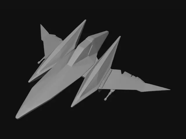 3D model for A sleek, avian-inspired starfighter with swept-back wings that adjust dynamically for speed or maneuverability, its hull gleaming under the light of distant stars. The twin G-Diffusers hum with restrained energy, glowing blue in space or red in atmosphere, while its laser cannons—tucked beneath the wings—hint at lethal precision. The cockpit, a single-seat module, is a nest of holographic displays and tactical readouts, all designed for a pilot’s razor-sharp focus.