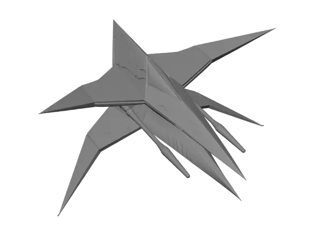 3D model for A sleek, predatory starfighter with a dark, angular frame, built for dominance. Twin laser cannons flank its fuselage, humming with restrained energy, while the cockpit sits low and aggressive—like a wolf poised to strike. Its hull gleams with a matte black finish, occasionally reflecting the cold light of distant stars, and its engines emit a deep, resonant growl when throttling up. The ship bears minor scars from past battles, each one a silent testament to its ferocity.