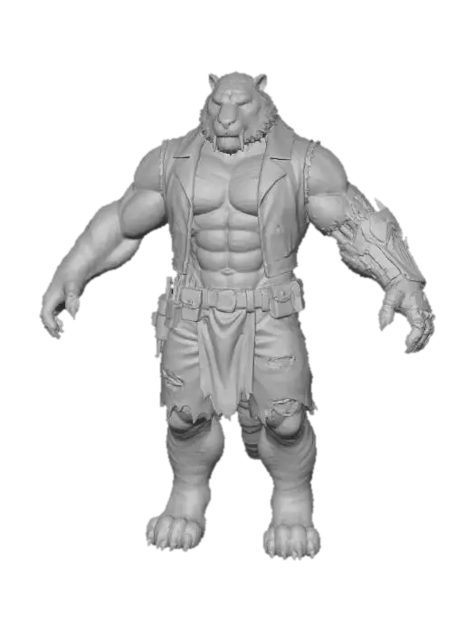 3D model for a sexy and rugged, full body image of a large muscular male humanoid sabretooth, he stands upright with straight legs and arms extended horizontally. he wears tattered light-brown shorts with a black leather loincloth over shorts, wears an open sleeveless vest, his left arm is cybernetic with a gold and bronze color, a bronze monocle over his right eye, he wears a mechanic tool belt on his waist,