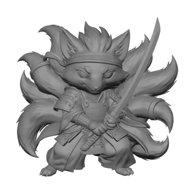 3D model for a fit male kitsune wielding a long katana sword in one hand and holding a floating ball of fire in the other hand