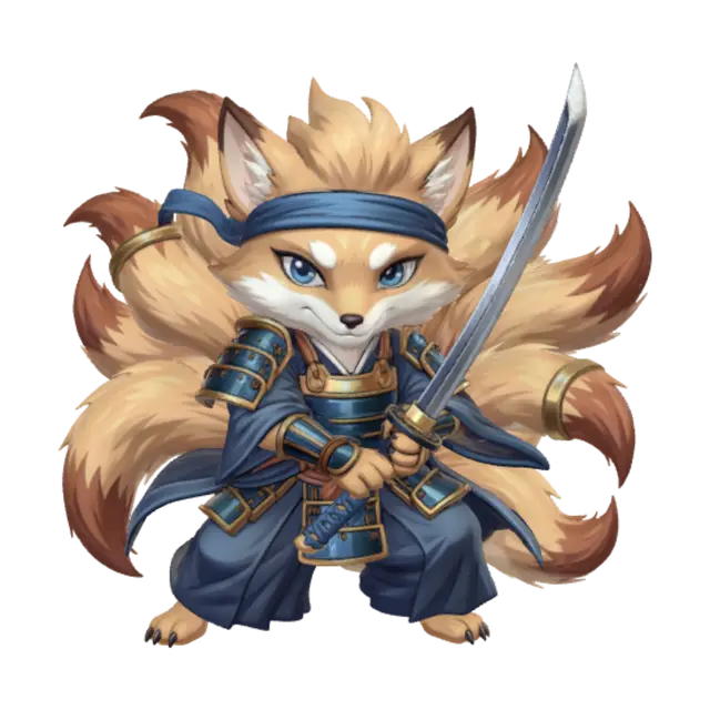 3D model for a fit male kitsune wielding a long katana sword in one hand and holding a floating ball of fire in the other hand