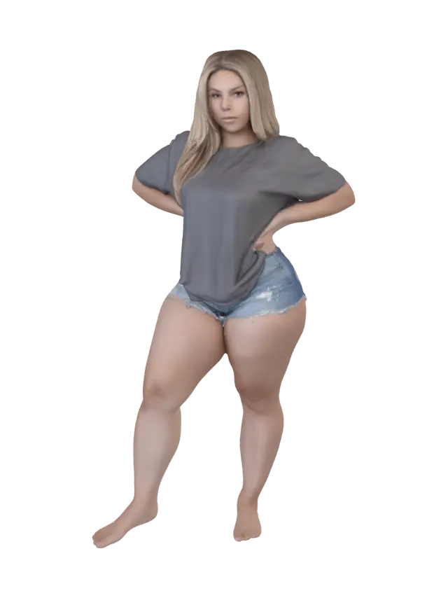 3D model for Confident Pose in Casual Gray Tee and Denim Shorts