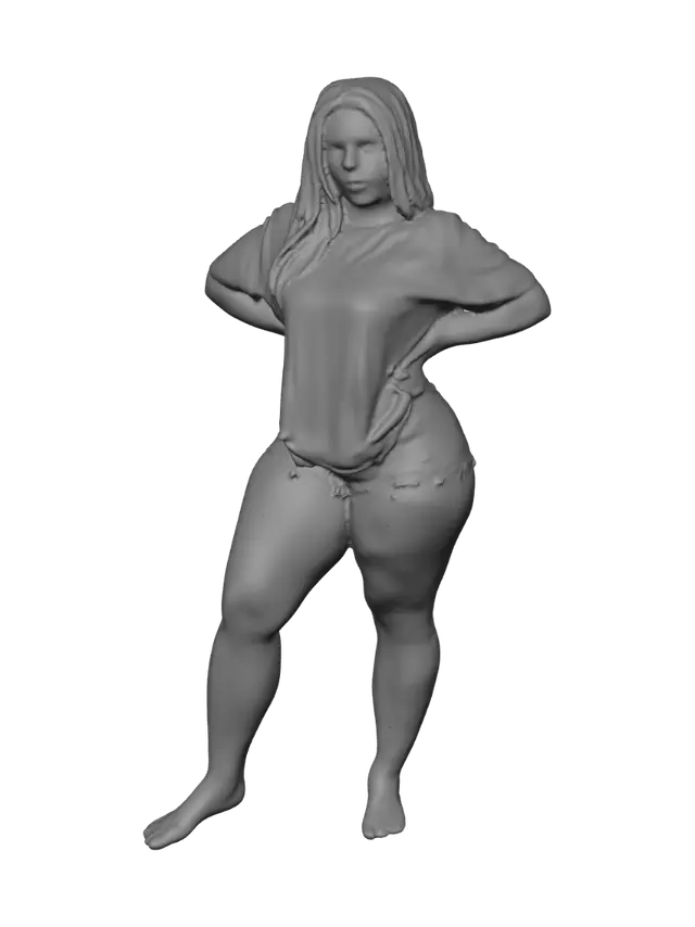 3D model for Confident Pose in Casual Gray Tee and Denim Shorts