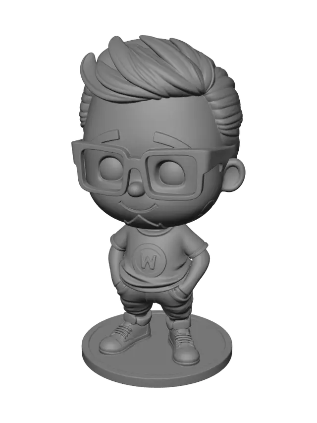 3D model for Create a watertight, manifold 3D printable chibi character based on the reference image.

Style: Cute Baby / Chibi / Funko Pop inspired.

Requirements:

* Large head (approximately 50% of total height).
* Small body.
* Friendly smiling face.
* Black rectangular glasses.
* Short black hair.
* Short beard and mustache.
* Black T-shirt with a small chest logo inspired by “Tereza Motta” (simple embossed logo, not detailed text).
* Hands inside the front pockets.
* Black pants.
* Casual sneakers.
* Standing pose.
* Integrated circular base (80 mm diameter, 5 mm thick).

Printing requirements:

* One solid watertight mesh.
* No floating parts.
* Minimum wall thickness: 2 mm.
* No thin features smaller than 1.2 mm.
* Slightly oversized glasses and ears for strength.
* Smooth topology.
* Optimized