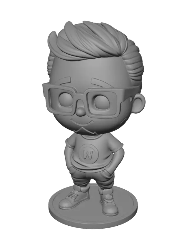 3D model for Create a watertight, manifold 3D printable chibi character based on the reference image.

Style: Cute Baby / Chibi / Funko Pop inspired.

Requirements:

* Large head (approximately 50% of total height).
* Small body.
* Friendly smiling face.
* Black rectangular glasses.
* Short black hair.
* Short beard and mustache.
* Black T-shirt with a small chest logo inspired by “Tereza Motta” (simple embossed logo, not detailed text).
* Hands inside the front pockets.
* Black pants.
* Casual sneakers.
* Standing pose.
* Integrated circular base (80 mm diameter, 5 mm thick).

Printing requirements:

* One solid watertight mesh.
* No floating parts.
* Minimum wall thickness: 2 mm.
* No thin features smaller than 1.2 mm.
* Slightly oversized glasses and ears for strength.
* Smooth topology.
* Optimized