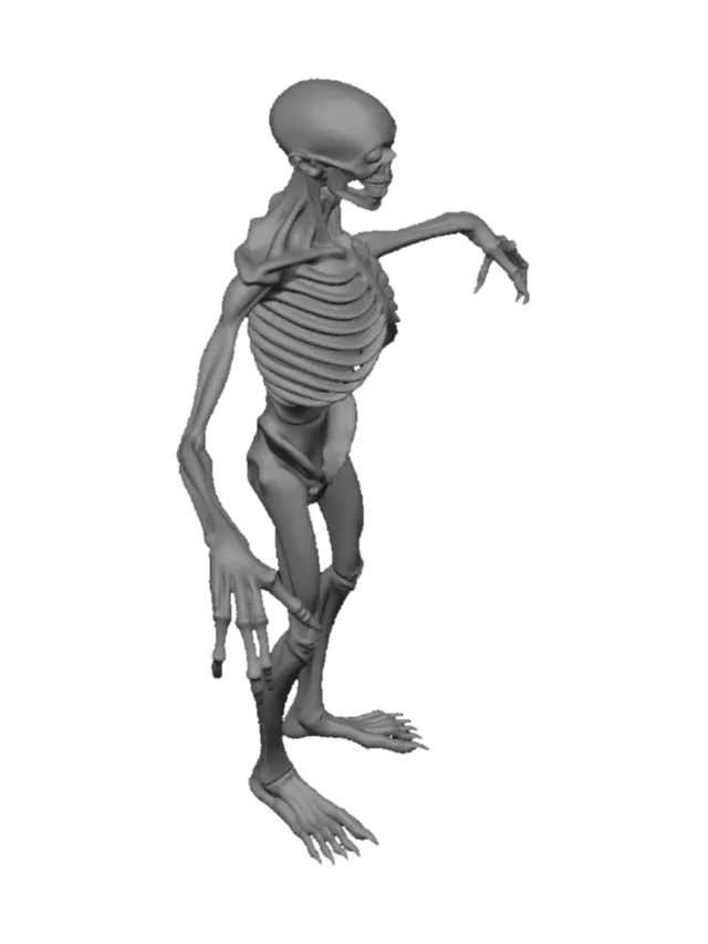 3D model for 3D game asset, SCP-096 monster, full body character model. Tall, gaunt, skinny humanoid with abnormally long, lanky arms reaching past its knees. Pale white, hairless skin. Blind white eyes, distorted oversized mouth stretched open. Highly detailed muscular atrophy and exposed ribcage. High-poly digital sculpt, clean topology, neutral lighting, T-pose, white background, optimized for 3D printing and rigging.