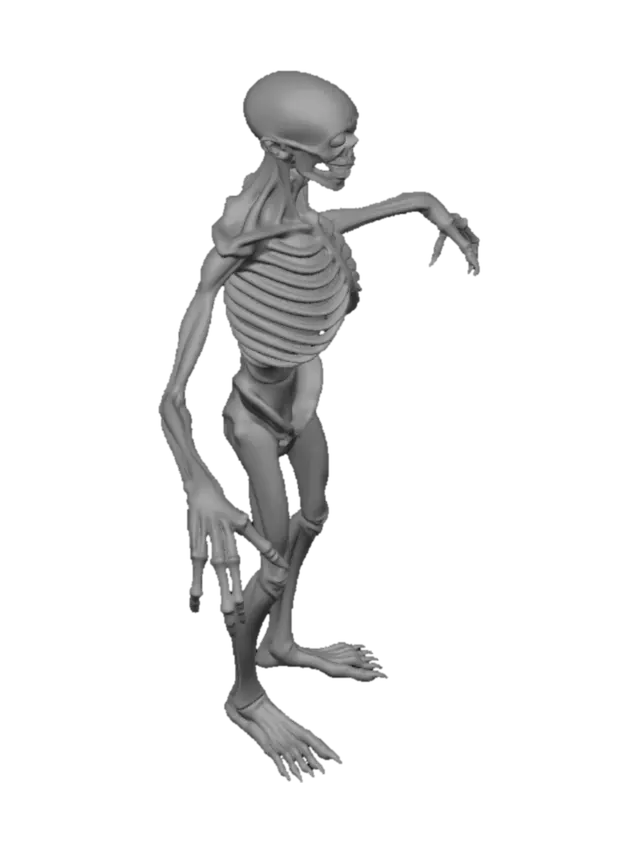 3D model for 3D game asset, SCP-096 monster, full body character model. Tall, gaunt, skinny humanoid with abnormally long, lanky arms reaching past its knees. Pale white, hairless skin. Blind white eyes, distorted oversized mouth stretched open. Highly detailed muscular atrophy and exposed ribcage. High-poly digital sculpt, clean topology, neutral lighting, T-pose, white background, optimized for 3D printing and rigging.