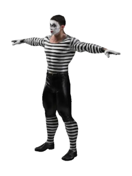 Muscular male mime artist with defined physique, black and white striped shirt, black… 3D model, vytvořený pomocí AI