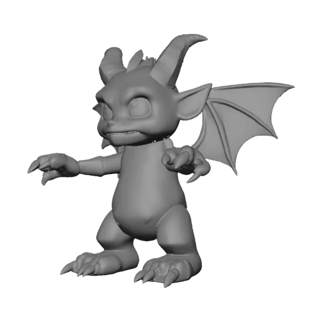 3D model for A small demonic imp creature standing upright on two legs, 
bright ember-orange cracked rocky skin with glowing lava 
cracks running across its body, small curled horns on its 
head, bat-like wings folded against its back, clawed hands 
and feet, bright orange glowing eyes, smoke rising from 
its shoulders, game character style, full body, 
transparent background, T-pose