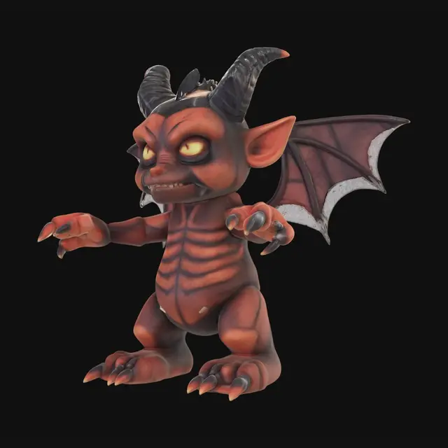 3D model for A small demonic imp creature standing upright on two legs, 
bright ember-orange cracked rocky skin with glowing lava 
cracks running across its body, small curled horns on its 
head, bat-like wings folded against its back, clawed hands 
and feet, bright orange glowing eyes, smoke rising from 
its shoulders, game character style, full body, 
transparent background, T-pose