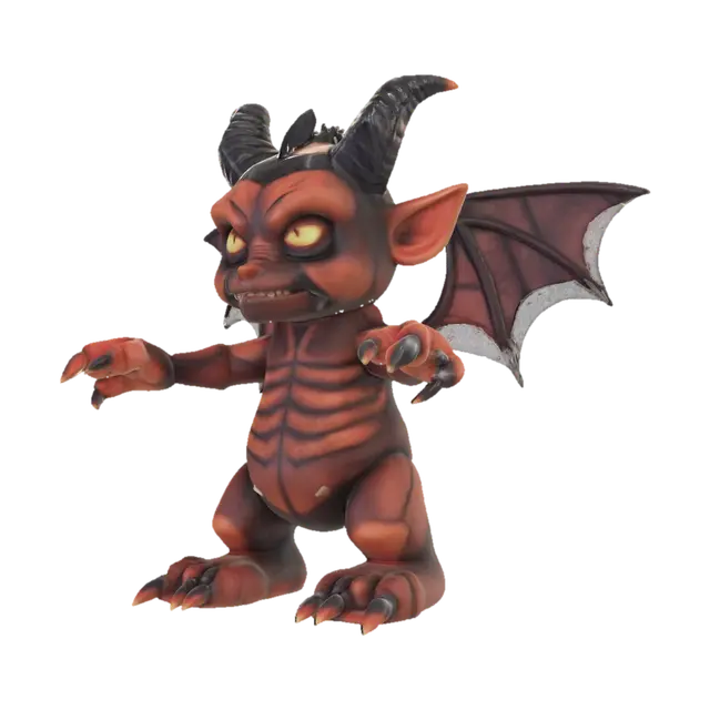 3D model for A small demonic imp creature standing upright on two legs, 
bright ember-orange cracked rocky skin with glowing lava 
cracks running across its body, small curled horns on its 
head, bat-like wings folded against its back, clawed hands 
and feet, bright orange glowing eyes, smoke rising from 
its shoulders, game character style, full body, 
transparent background, T-pose