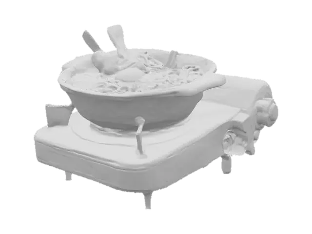 3D model for An illustration of nabe yaki udon (hot pot udon) actively cooking on a portable cassette stove. The broth is bubbling and steaming, and the ingredients (e.g., udon noodles, vegetables, sliced meat) are clearly visible in the pot.
Art style: Photorealistic, high detail, sharp focus, professional product photography, clean aesthetic.
