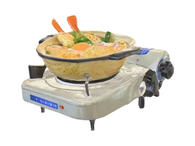 3D model for An illustration of nabe yaki udon (hot pot udon) actively cooking on a portable cassette stove. The broth is bubbling and steaming, and the ingredients (e.g., udon noodles, vegetables, sliced meat) are clearly visible in the pot.
Art style: Photorealistic, high detail, sharp focus, professional product photography, clean aesthetic.
