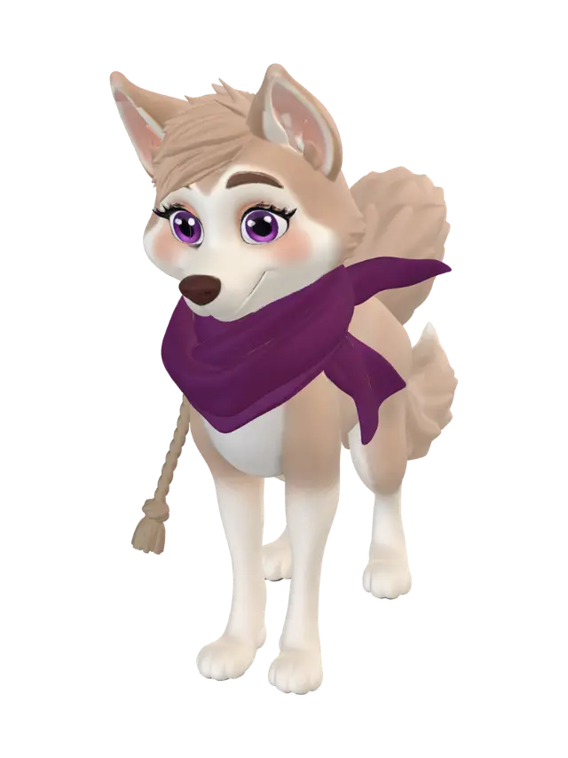 3D model for A Female Husky, Light Brown fur, purple eyes, purple scarf, animated Disney style