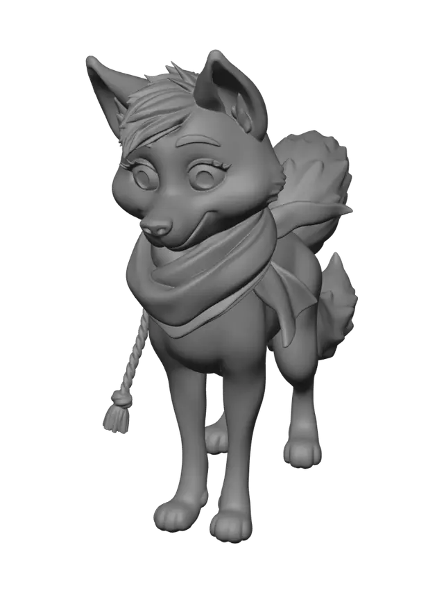 3D model for A Female Husky, Light Brown fur, purple eyes, purple scarf, animated Disney style