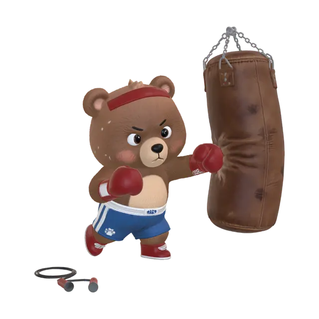 Boxing Bear in the Gym 3D model, vytvořený pomocí AI