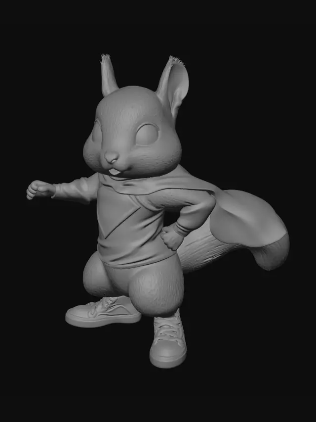 3D model for T-Pose: A Superhero-styled Squirrel. He has large, expressive eyes and exaggerated muscle definition. Requirement: T-Pose, American Cartoon, character model full of energy and humor.
