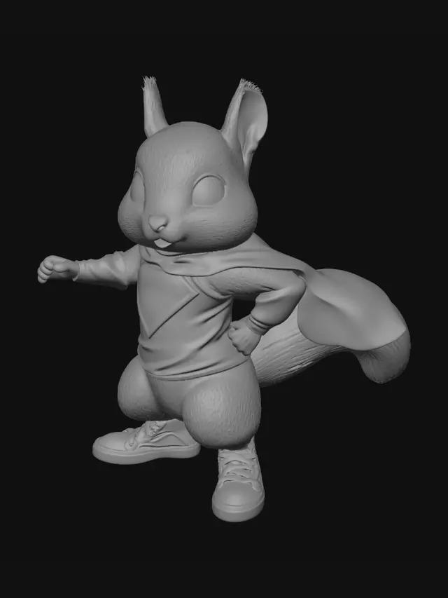3D model for T-Pose: A Superhero-styled Squirrel. He has large, expressive eyes and exaggerated muscle definition. Requirement: T-Pose, American Cartoon, character model full of energy and humor.