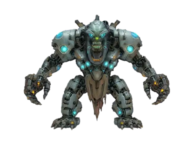 fantasy cyborg robot troll, massive mechanical body, large head with gnashing teeth,… 3D model, vytvořený pomocí AI