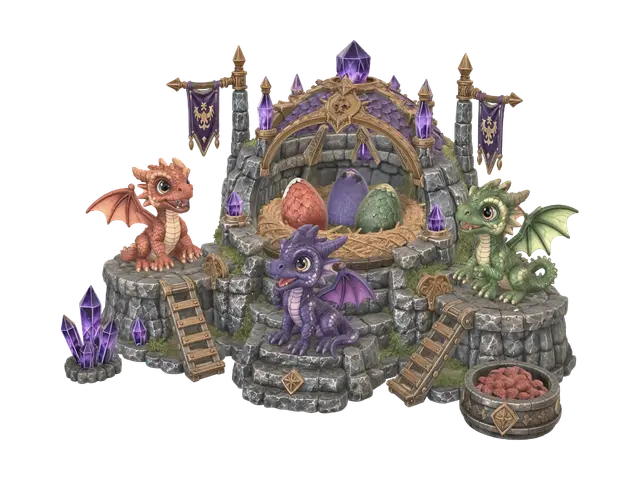 Dragon Hatchery - Fantasyworld 3D model, vytvořený pomocí AI