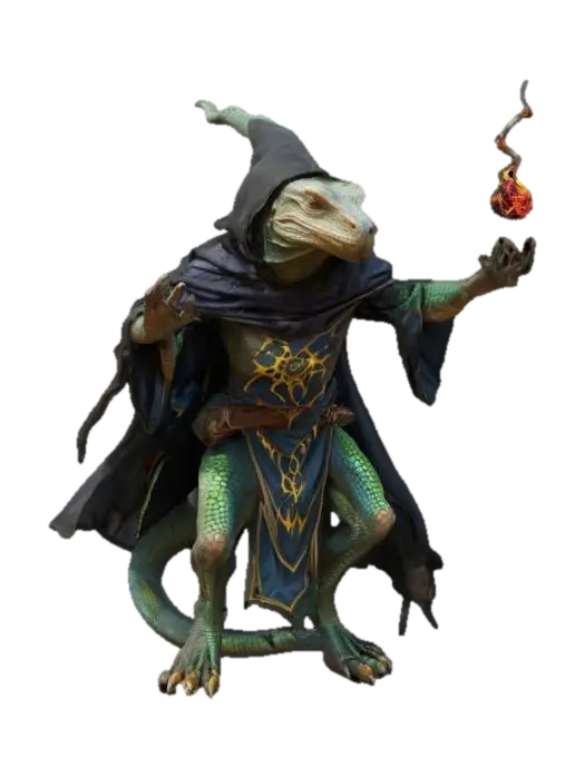 3D model for fantasy old lizard humanoid wizard, rundown old body brimming with dark power, hands conjuring ancient magic, in action, cloak fluttering in the wind, extremely detailed, high resolution texture, epic stance