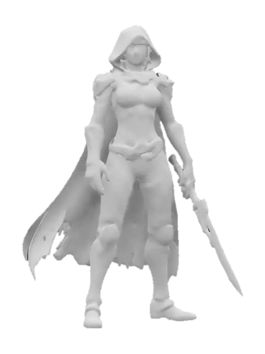 3D model for fantasy shadow female hunter cyborg's, cloaked in a cloak flapping in the wind, epic stance, cyborgs hunting weapon in hand, extremely details, high resolution texture